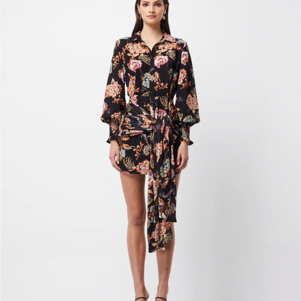 Elliatt Black and Orange Asymmetrical Wrap Dress with Bishop Sleeves